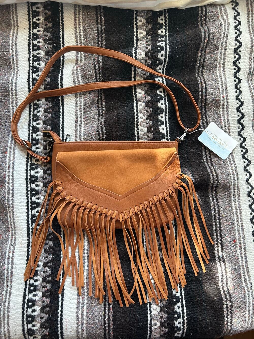 NWT Bay Sky faux leather medium western fringe shoulder purse saddle tan